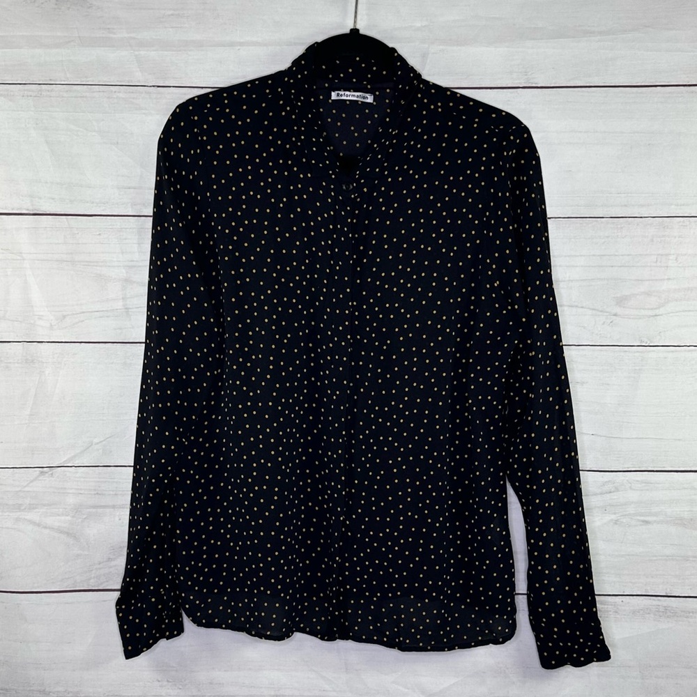 REFORMATION Black with Gold Polka Dot Long Sleeve Button Up Sheer Blouse Size XL